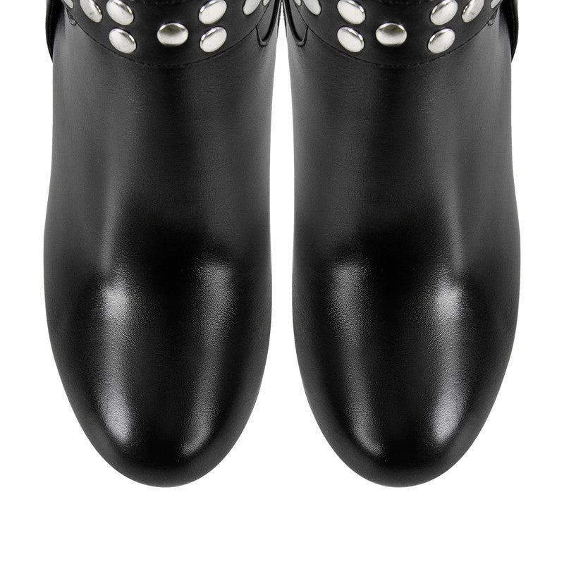 Chunky Heel Rivet Round Toe Leder boots