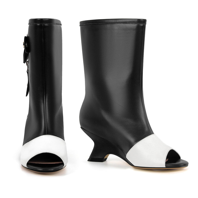 Peep Toe Leather Shaped Heel Ankle Boots