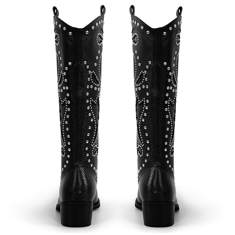 Rivet Cowboy Patchwork Mid-Calf Boots