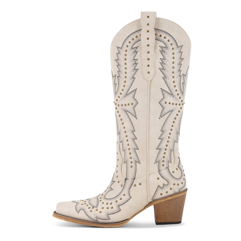 Pointed Toe Embroidered Block Heel Western Boots