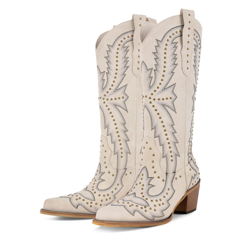 Pointed Toe Embroidered Block Heel Western Boots
