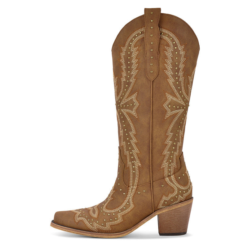 Pointed Toe Embroidered Block Heel Western Boots