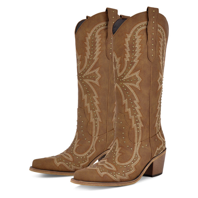 Pointed Toe Embroidered Block Heel Western Boots
