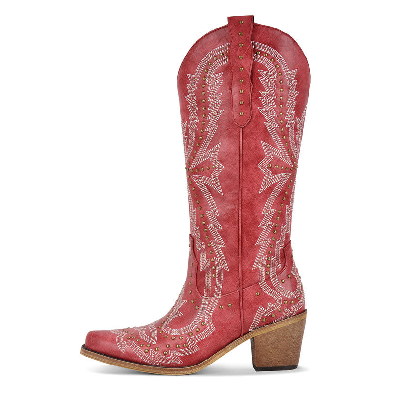 Pointed Toe Embroidered Block Heel Western Boots