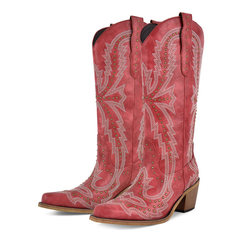 Pointed Toe Embroidered Block Heel Western Boots