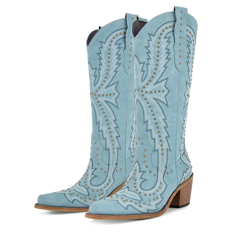 Pointed Toe Embroidered Block Heel Western Boots