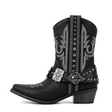Embroidery Western Buckle Ankle Boots
