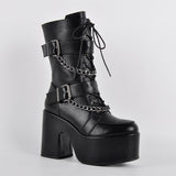 Round Toe Platform Buckle Strap Boots