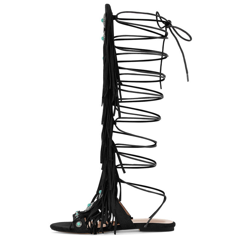 Rounted Toe Tassel Lace Up Buckle Sandals Boots
