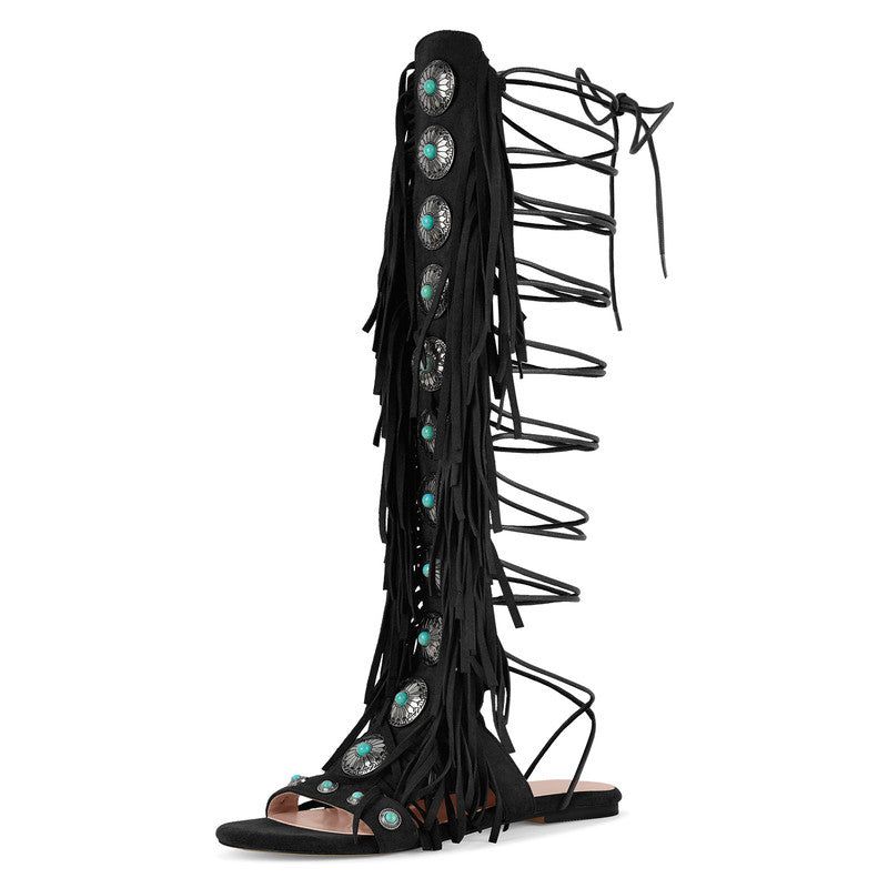 Rounted Toe Tassel Lace Up Buckle Sandals Boots