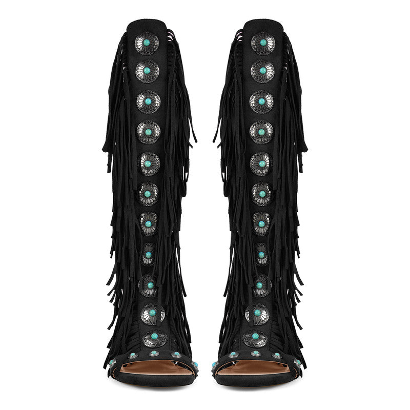 Rounted Toe Tassel Lace Up Buckle Sandals Boots