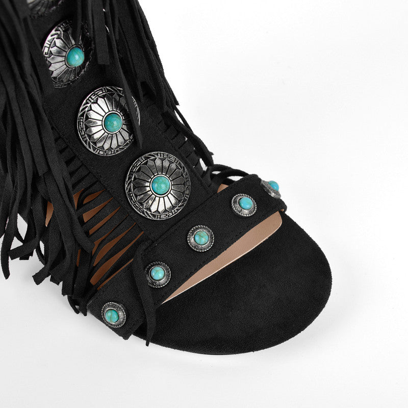 Rounted Toe Tassel Lace Up Buckle Sandals Boots