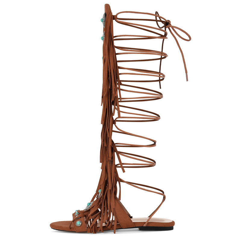 Rounted Toe Tassel Lace Up Buckle Sandals Boots