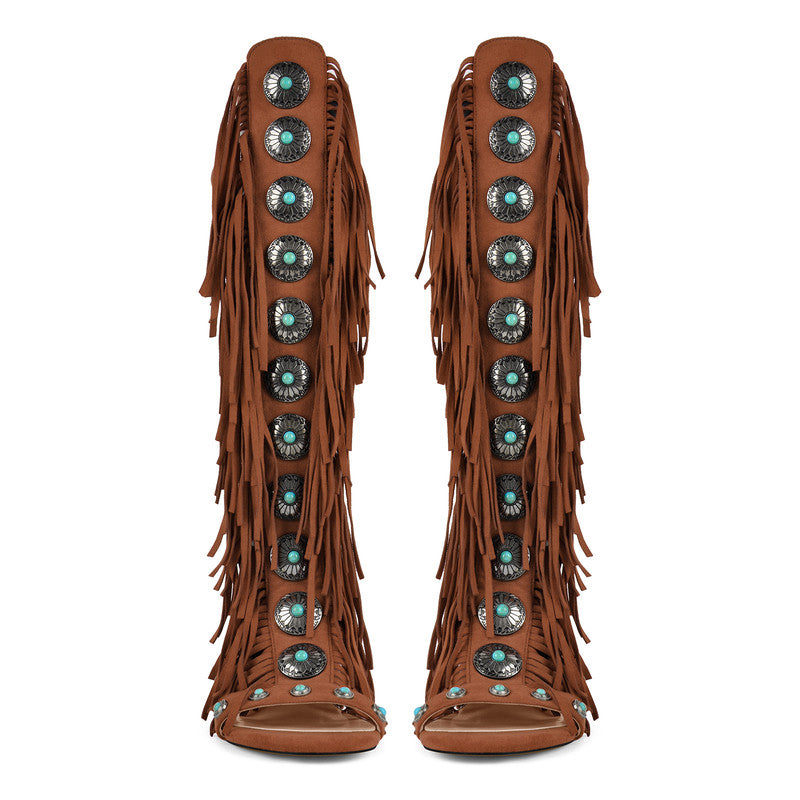 Rounted Toe Tassel Lace Up Buckle Sandals Boots