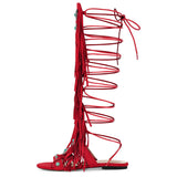 Rounted Toe Tassel Lace Up Buckle Sandals Boots