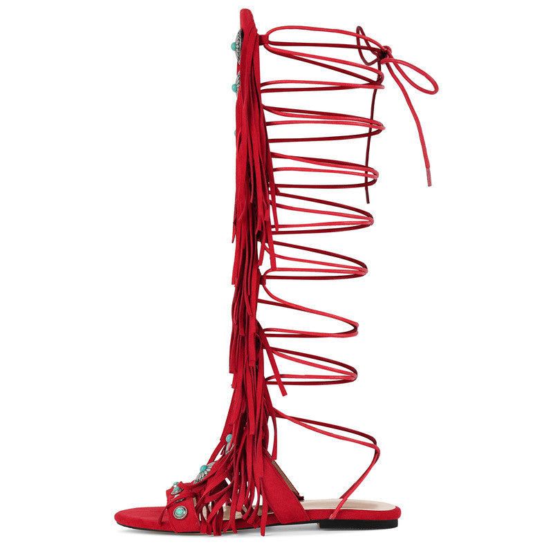 Rounted Toe Tassel Lace Up Buckle Sandals Boots