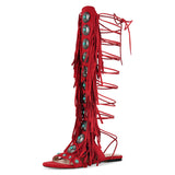 Rounted Toe Tassel Lace Up Buckle Sandals Boots