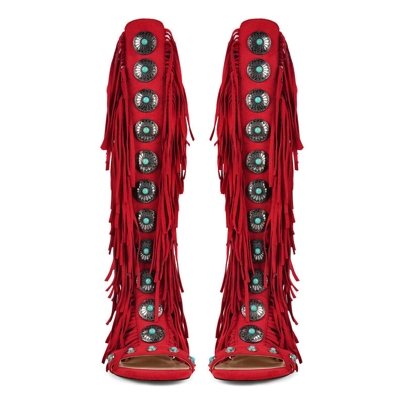 Rounted Toe Tassel Lace Up Buckle Sandals Boots
