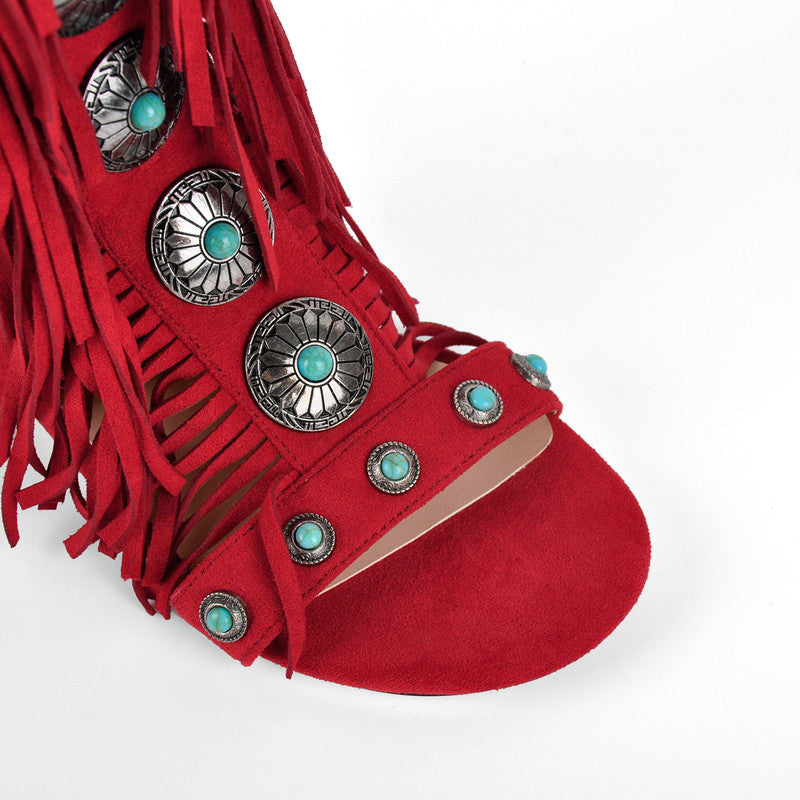 Rounted Toe Tassel Lace Up Buckle Sandals Boots