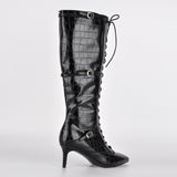 Pointed Toe Stone Buckle High Heel Boots