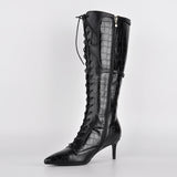 Pointed Toe Stone Buckle High Heel Boots