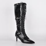 Pointed Toe Stone Buckle High Heel Boots