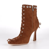 Pointed Toe Lace Up Stiletto Ankle Boots