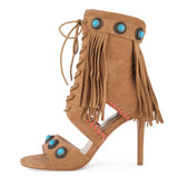 Round Toe Tassels Stiletto Heel Sandals Boots