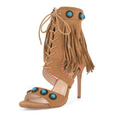 Round Toe Tassels Stiletto Heel Sandals Boots