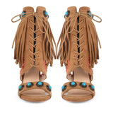 Round Toe Tassels Stiletto Heel Sandals Boots