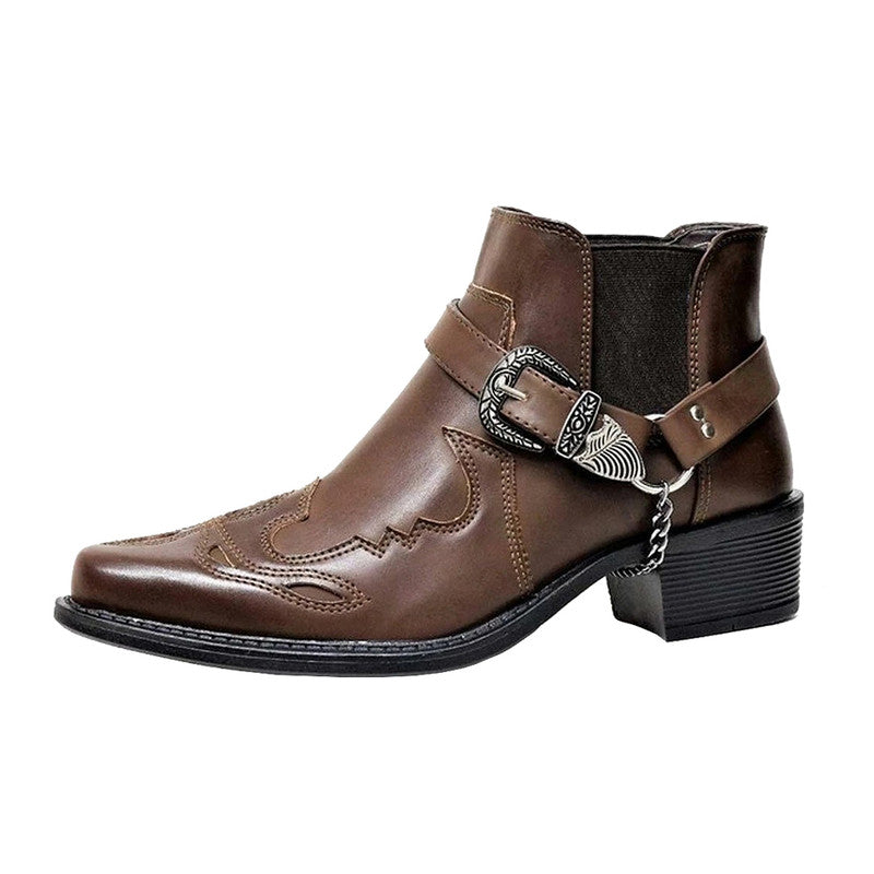 Pointed Toe Chunky Heel Buckle Men Boots
