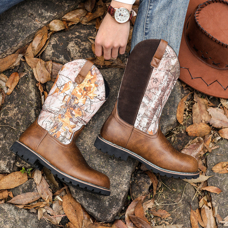 High top Round Toe Low Heel Printed Men Boots