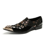 Pointed Metal Toe Embroidered Pattern Patent Slip On Oxford Shoes
