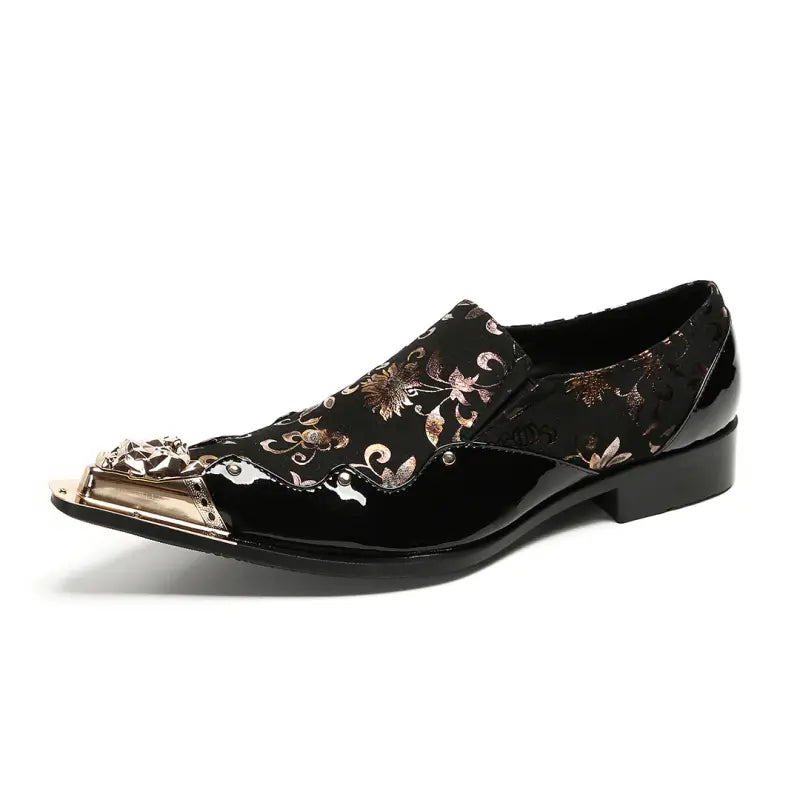 Pointed Metal Toe Embroidered Pattern Patent Slip On Oxford Shoes