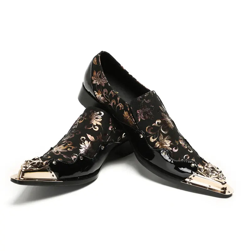 Pointed Metal Toe Embroidered Pattern Patent Slip On Oxford Shoes