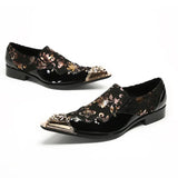 Pointed Metal Toe Embroidered Pattern Patent Slip On Oxford Shoes