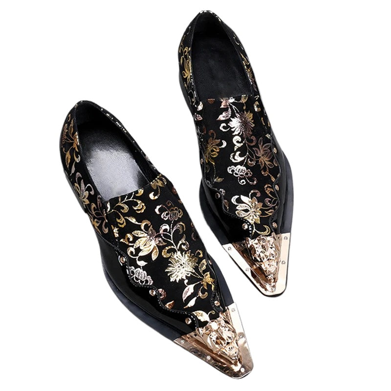 Pointed Metal Toe Embroidered Pattern Patent Slip On Oxford Shoes