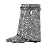 Rhinestone Zipper Fold Over Mid-Calf Boots