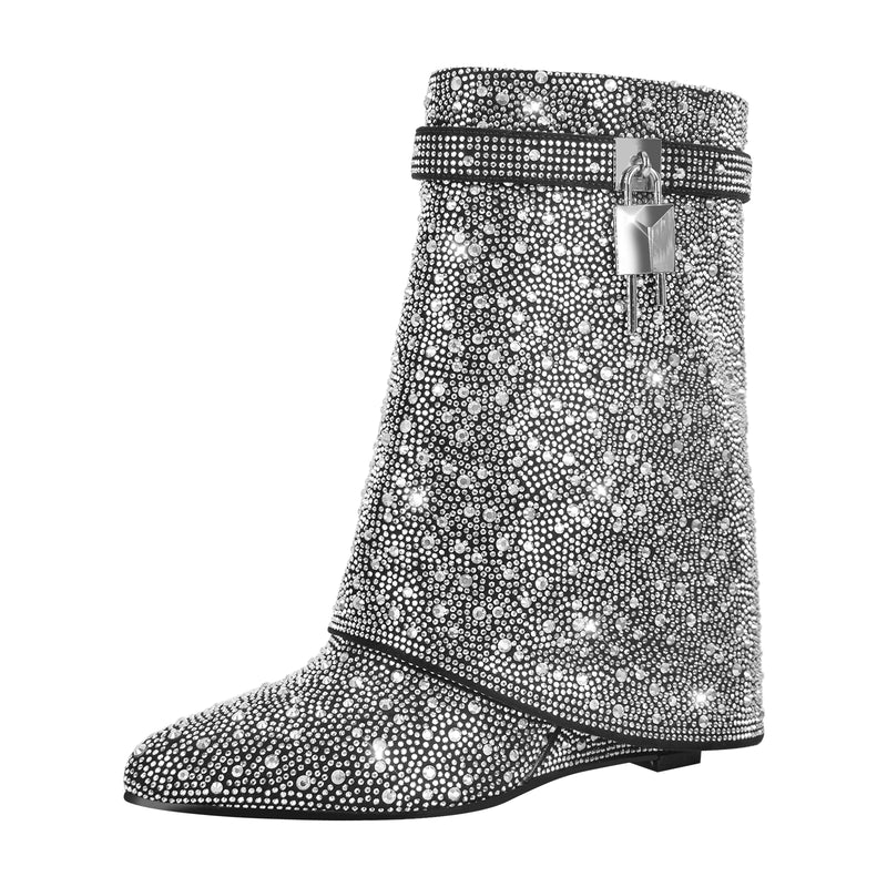 Rhinestone Zipper Fold Over Mid-Calf Boots