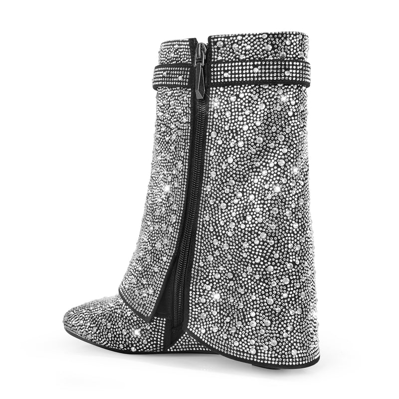 Rhinestone Zipper Fold Over Mid-Calf Boots