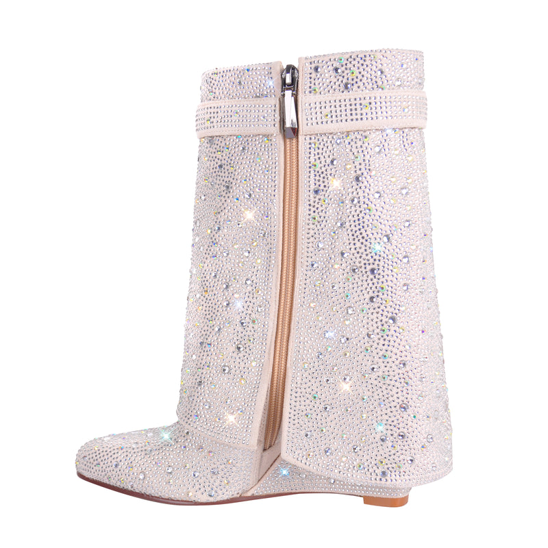 Rhinestone Zipper Fold Over Mid-Calf Boots