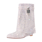 Rhinestone Zipper Fold Over Mid-Calf Boots