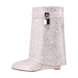 Rhinestone Zipper Fold Over Mid-Calf Boots