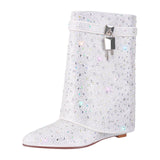 Rhinestone Zipper Fold Over Mid-Calf Boots