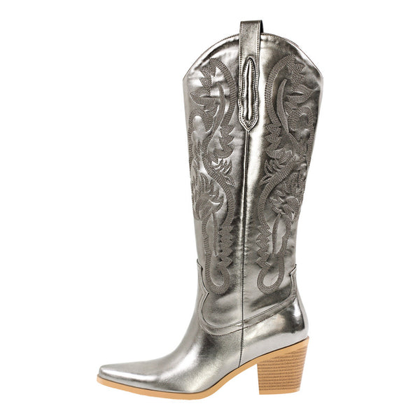 Silver Embroidered Mid-calf Chunky Heel Western Boots