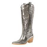 Silver Embroidered Mid-calf Chunky Heel Western Boots