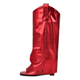 Metallic Open Toe Wedge Heel Boots