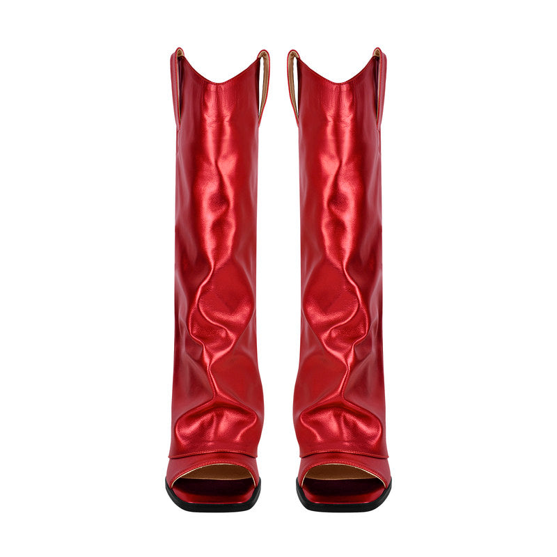 Metallic Open Toe Wedge Heel Boots