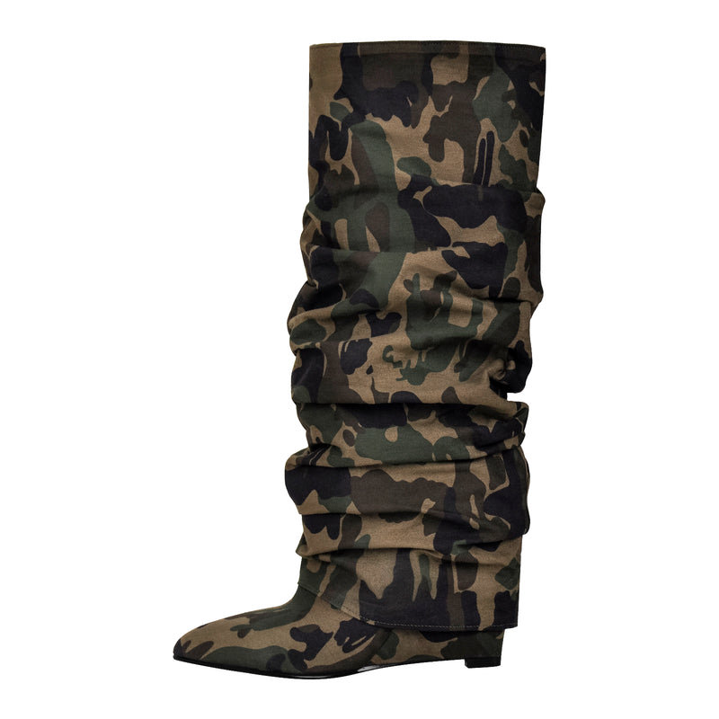 Camouflage Fold Over Wedge Heel Boots