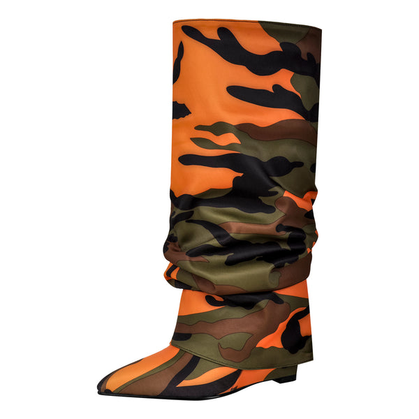 Camouflage Fold Over Wedge Heel Boots